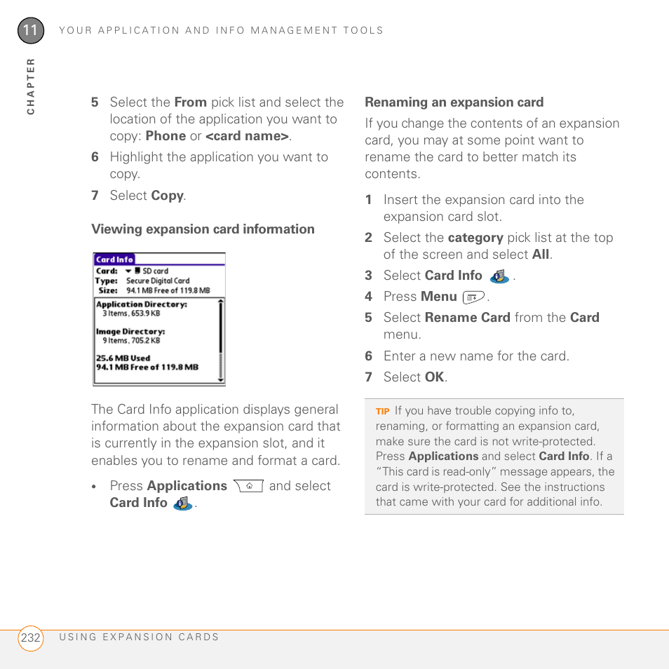 Viewing expansion card information, Renaming an expansion card | Palm PDA CentroTM Smart Device User Manual | Page 232 / 326