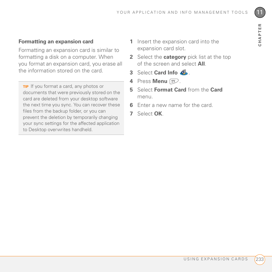 Formatting an expansion card | Palm PDA CentroTM Smart Device User Manual | Page 233 / 326