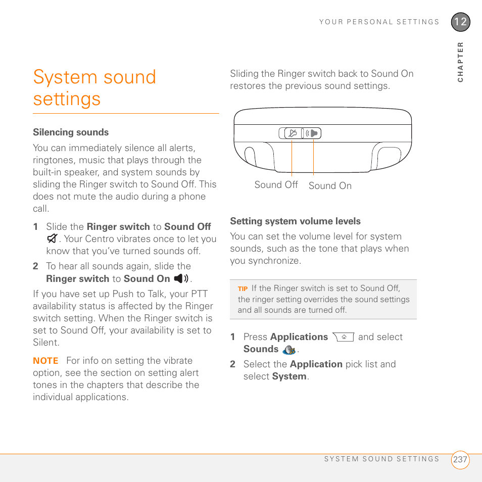 System sound settings, Silencing sounds, Setting system volume levels | Palm PDA CentroTM Smart Device User Manual | Page 237 / 326