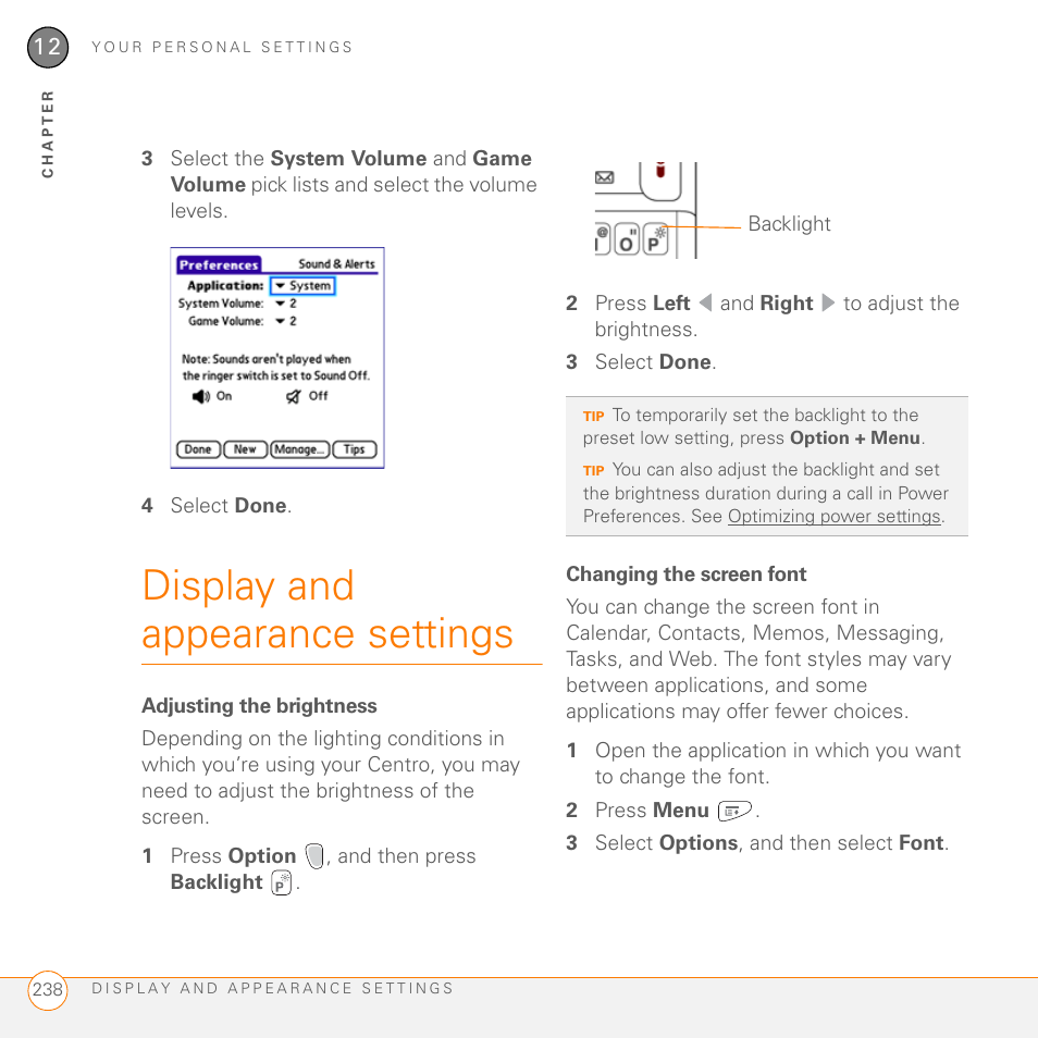 Display and appearance settings, Adjusting the brightness, Changing the screen font | Palm PDA CentroTM Smart Device User Manual | Page 238 / 326