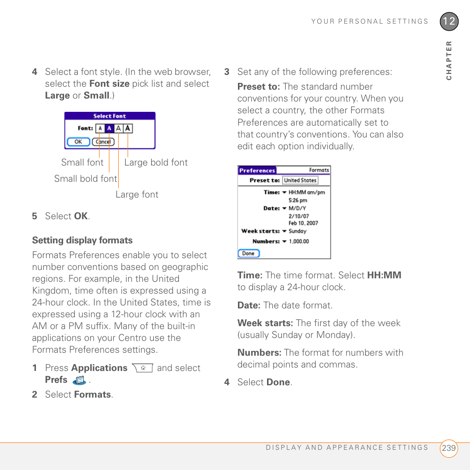 Setting display formats | Palm PDA CentroTM Smart Device User Manual | Page 239 / 326