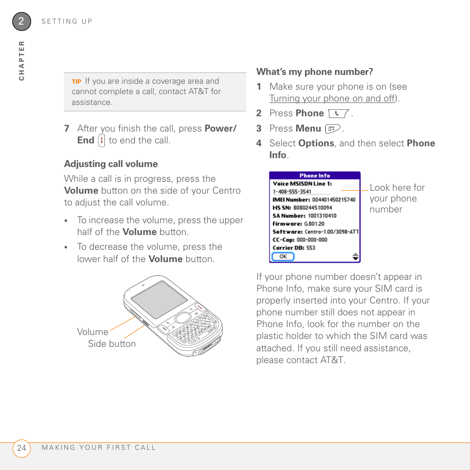 Adjusting call volume, What’s my phone number | Palm PDA CentroTM Smart Device User Manual | Page 24 / 326