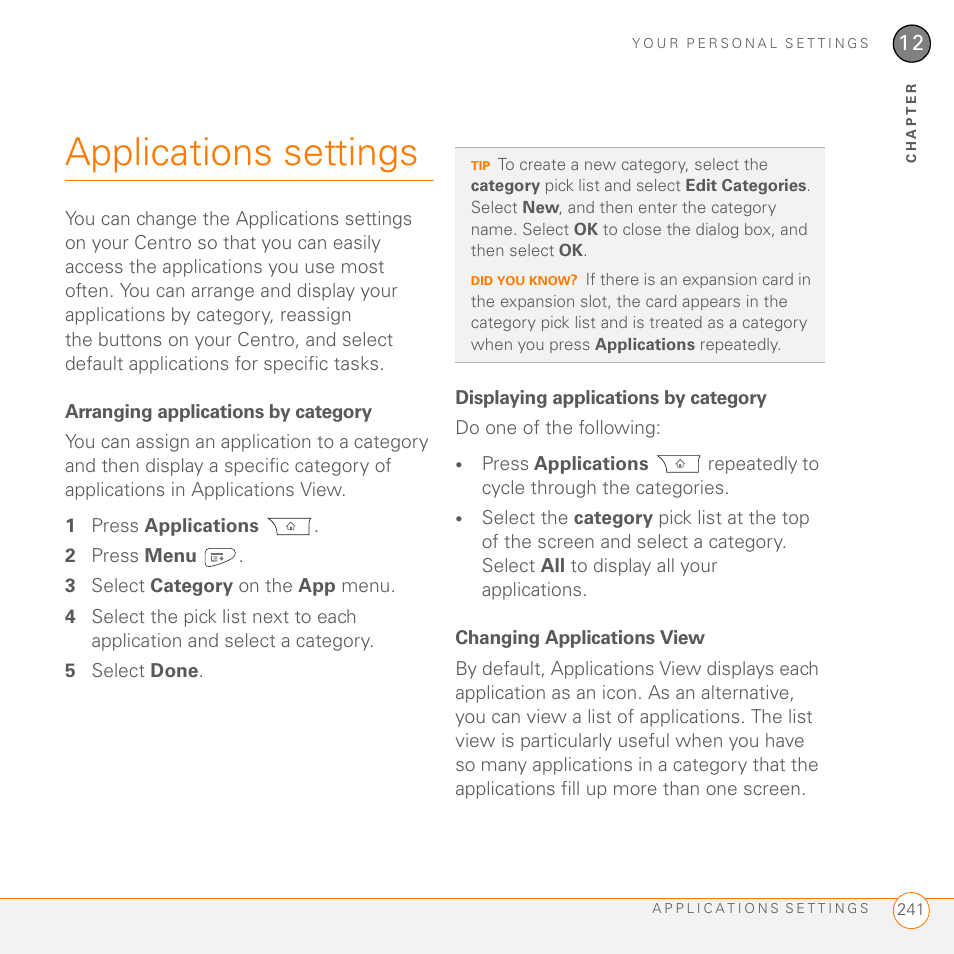 Applications settings, Arranging applications by category, Displaying applications by category | Changing applications view | Palm PDA CentroTM Smart Device User Manual | Page 241 / 326