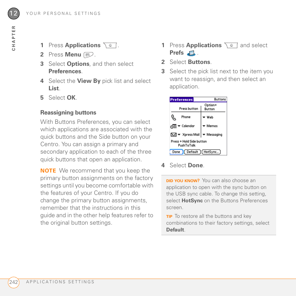 Reassigning buttons | Palm PDA CentroTM Smart Device User Manual | Page 242 / 326