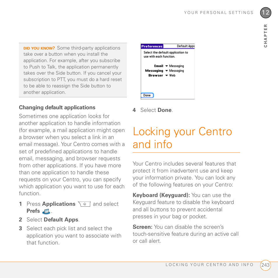 Changing default applications, Locking your centro and info | Palm PDA CentroTM Smart Device User Manual | Page 243 / 326