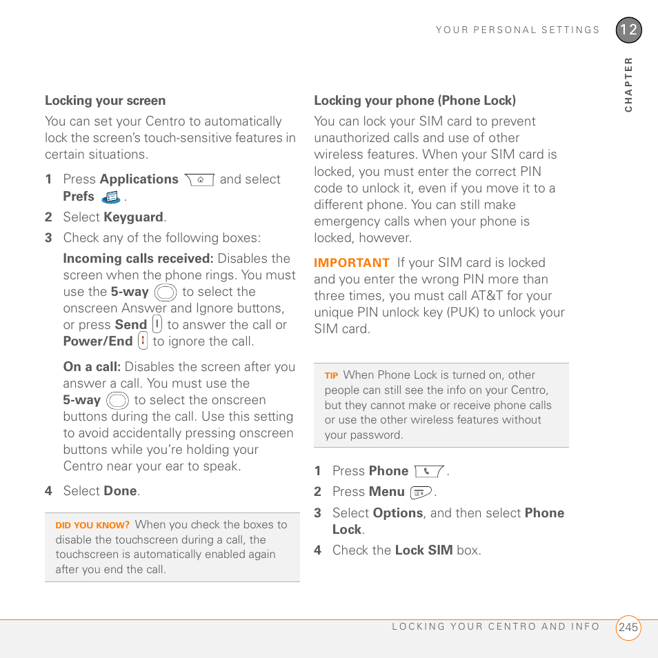 Locking your screen, Locking your phone (phone lock) | Palm PDA CentroTM Smart Device User Manual | Page 245 / 326