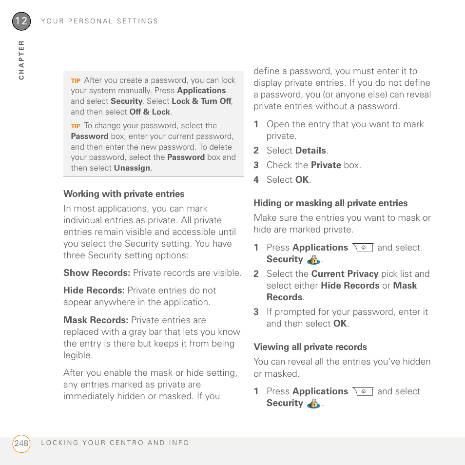 Working with private entries, Hiding or masking all private entries, Viewing all private records | Palm PDA CentroTM Smart Device User Manual | Page 248 / 326