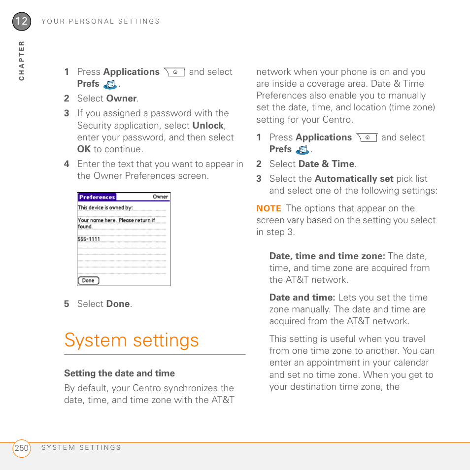 System settings, Setting the date and time | Palm PDA CentroTM Smart Device User Manual | Page 250 / 326