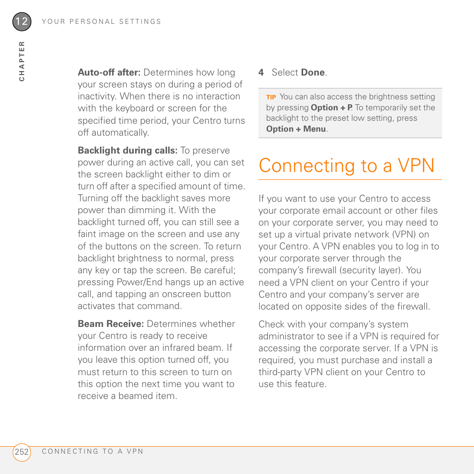 Connecting to a vpn | Palm PDA CentroTM Smart Device User Manual | Page 252 / 326