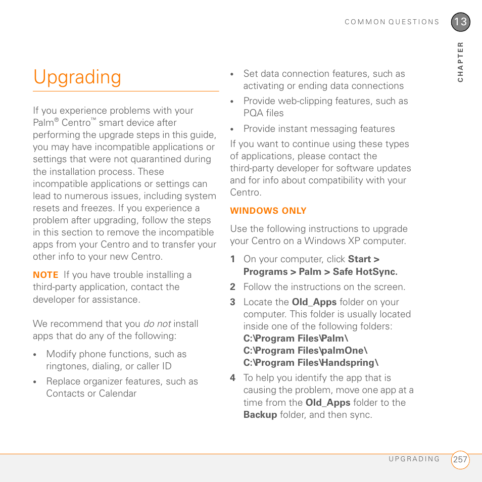 Upgrading | Palm PDA CentroTM Smart Device User Manual | Page 257 / 326