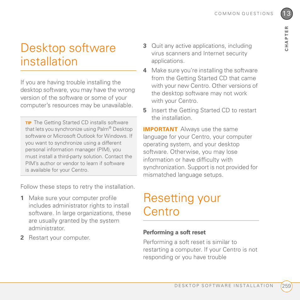 Desktop software installation, Resetting your centro, Performing a soft reset | Palm PDA CentroTM Smart Device User Manual | Page 259 / 326