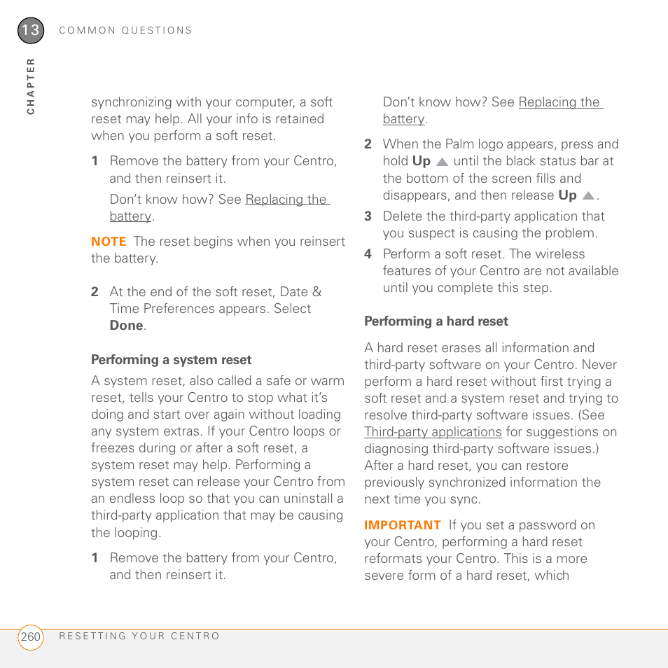 Performing a system reset, Performing a hard reset | Palm PDA CentroTM Smart Device User Manual | Page 260 / 326