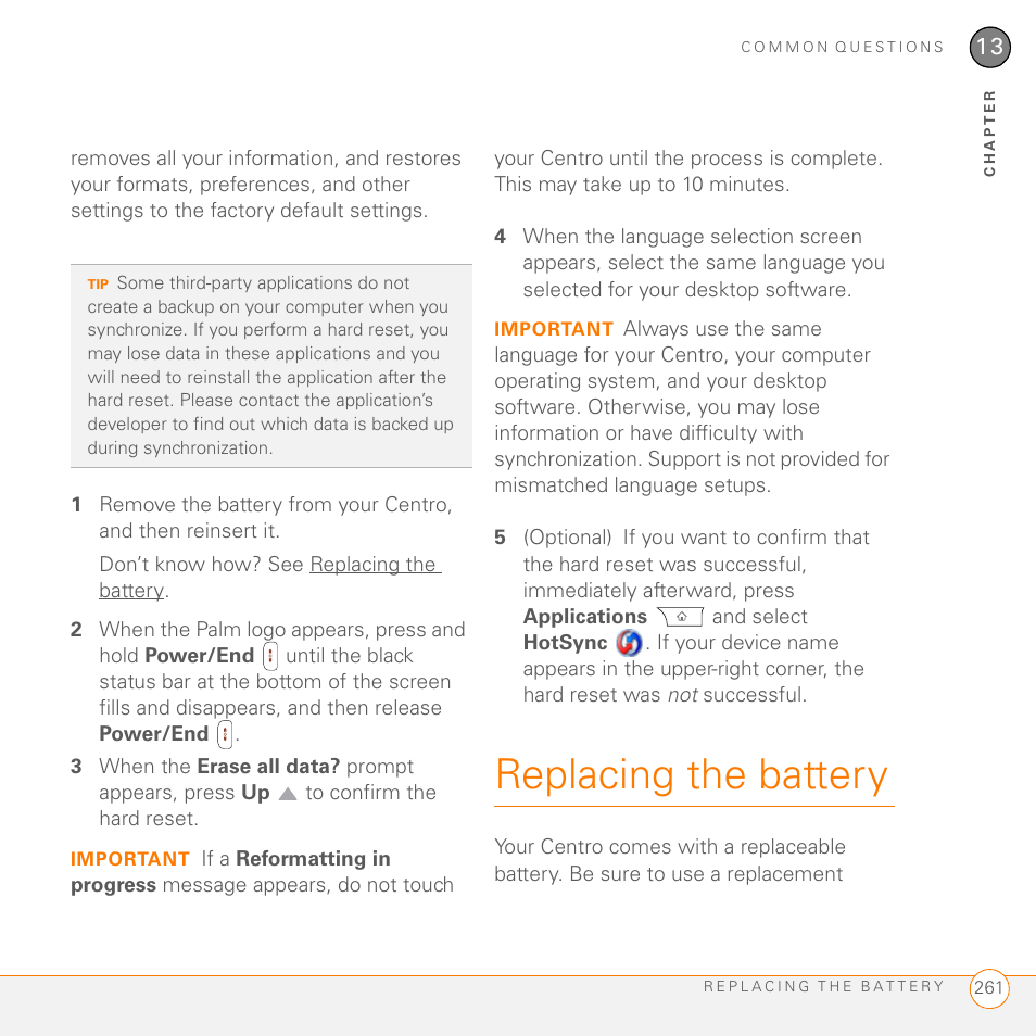 Replacing the battery | Palm PDA CentroTM Smart Device User Manual | Page 261 / 326