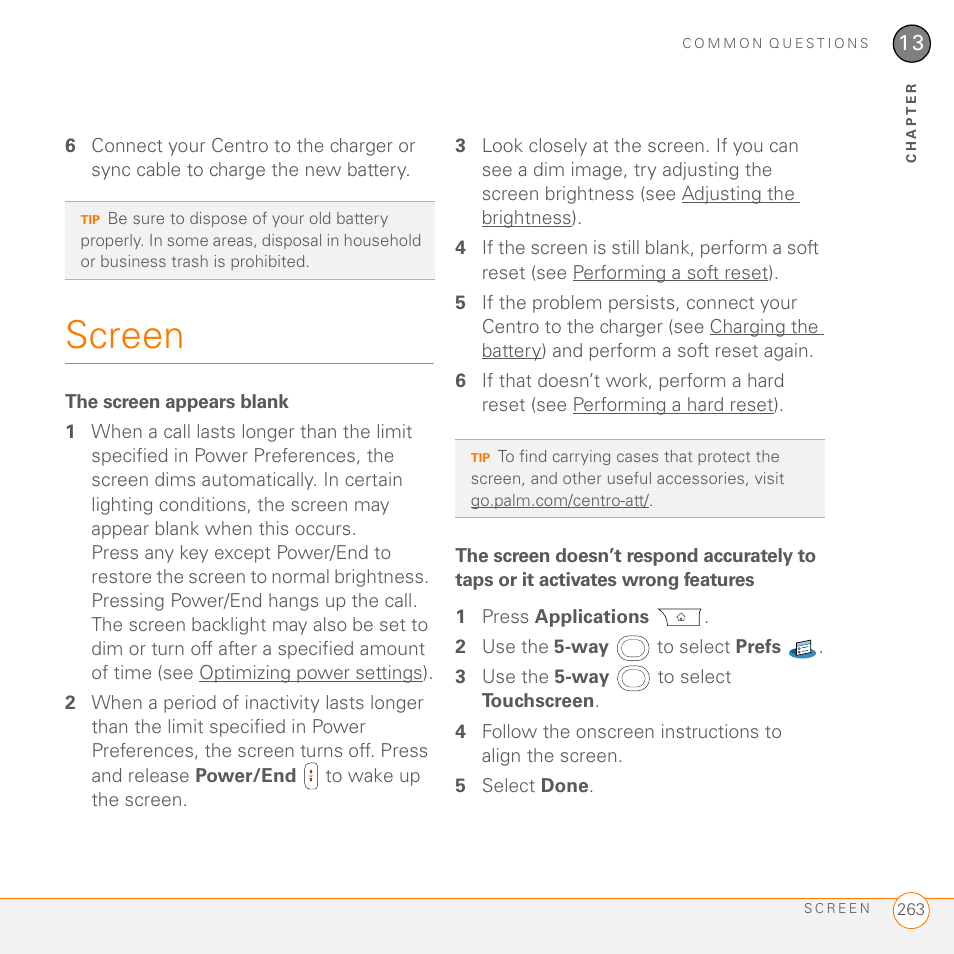 Screen, The screen appears blank | Palm PDA CentroTM Smart Device User Manual | Page 263 / 326