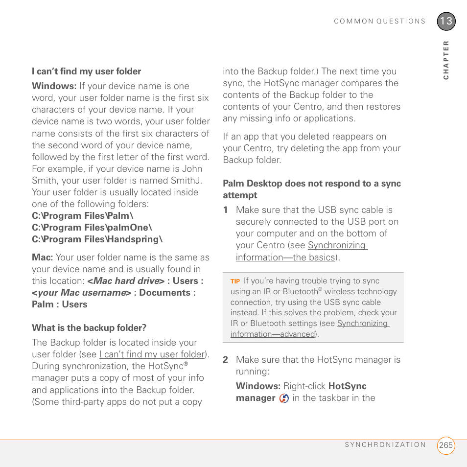 I can’t find my user folder, What is the backup folder, Palm desktop does not respond to a sync attempt | Palm PDA CentroTM Smart Device User Manual | Page 265 / 326