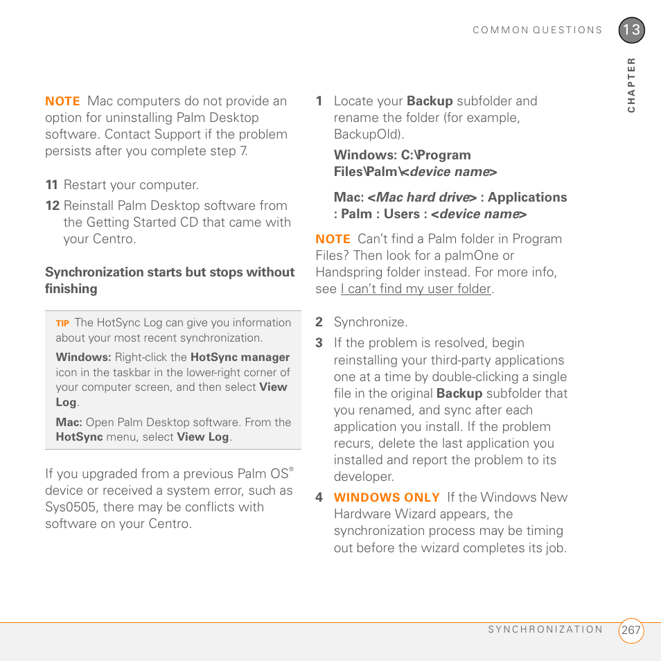 Synchronization starts but stops without finishing | Palm PDA CentroTM Smart Device User Manual | Page 267 / 326