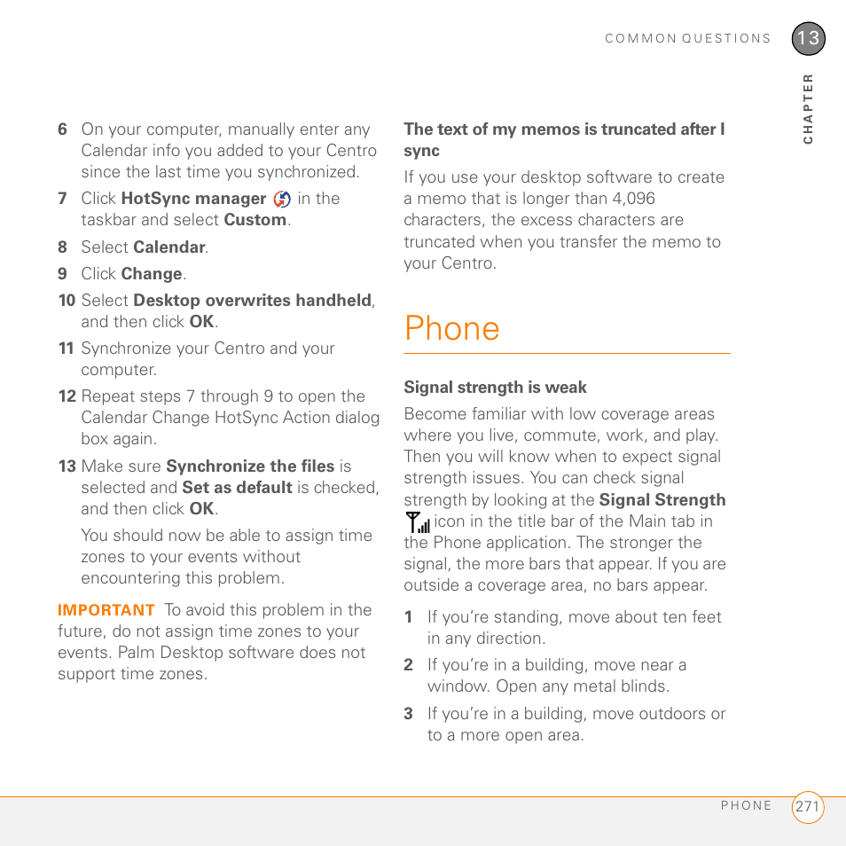 The text of my memos is truncated after i sync, Phone, Signal strength is weak | Palm PDA CentroTM Smart Device User Manual | Page 271 / 326