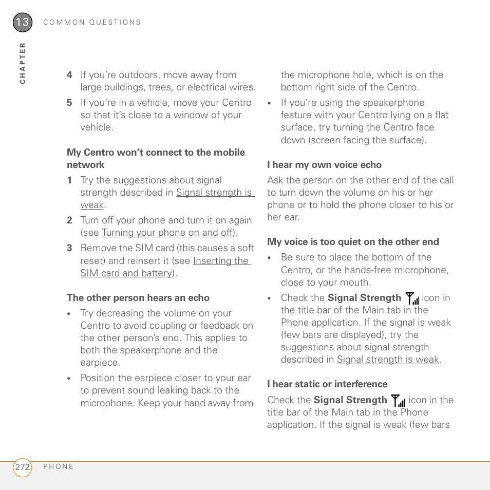 My centro won’t connect to the mobile network, The other person hears an echo, I hear my own voice echo | My voice is too quiet on the other end, I hear static or interference | Palm PDA CentroTM Smart Device User Manual | Page 272 / 326