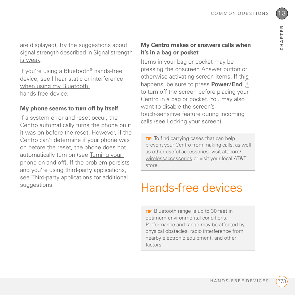 My phone seems to turn off by itself, Hands-free devices | Palm PDA CentroTM Smart Device User Manual | Page 273 / 326