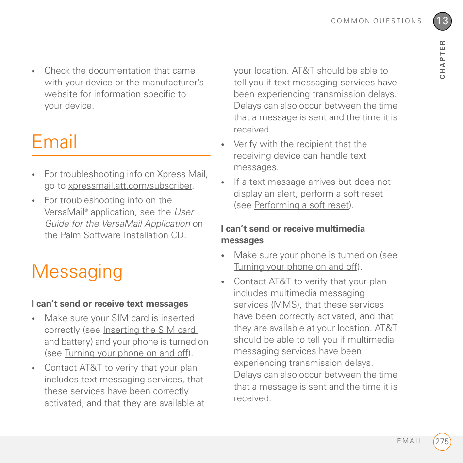 Email, Messaging, I can’t send or receive text messages | I can’t send or receive multimedia messages, Email messaging | Palm PDA CentroTM Smart Device User Manual | Page 275 / 326