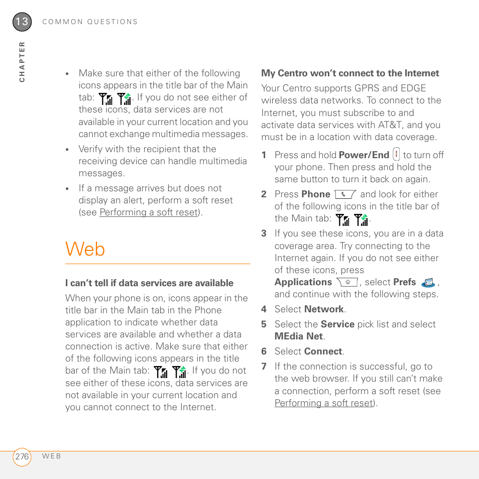I can’t tell if data services are available, My centro won’t connect to the internet | Palm PDA CentroTM Smart Device User Manual | Page 276 / 326