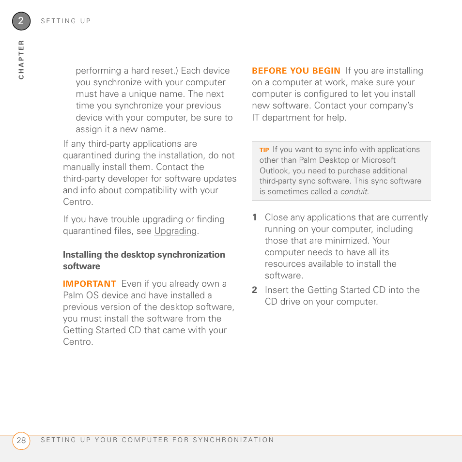 Installing the desktop synchronization software | Palm PDA CentroTM Smart Device User Manual | Page 28 / 326