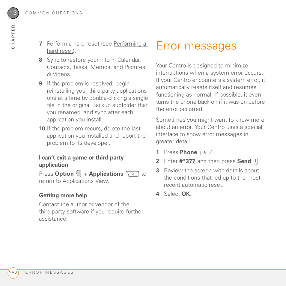I can’t exit a game or third-party application, Getting more help, Error messages | Palm PDA CentroTM Smart Device User Manual | Page 282 / 326