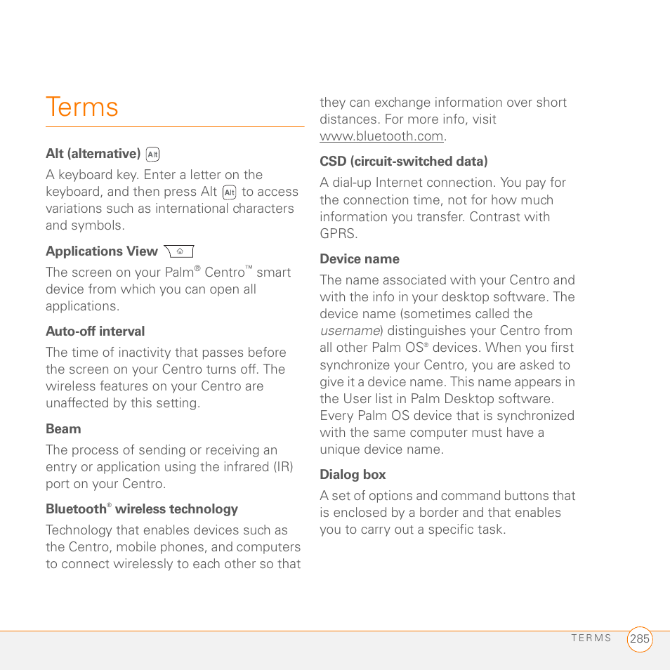 Terms | Palm PDA CentroTM Smart Device User Manual | Page 285 / 326