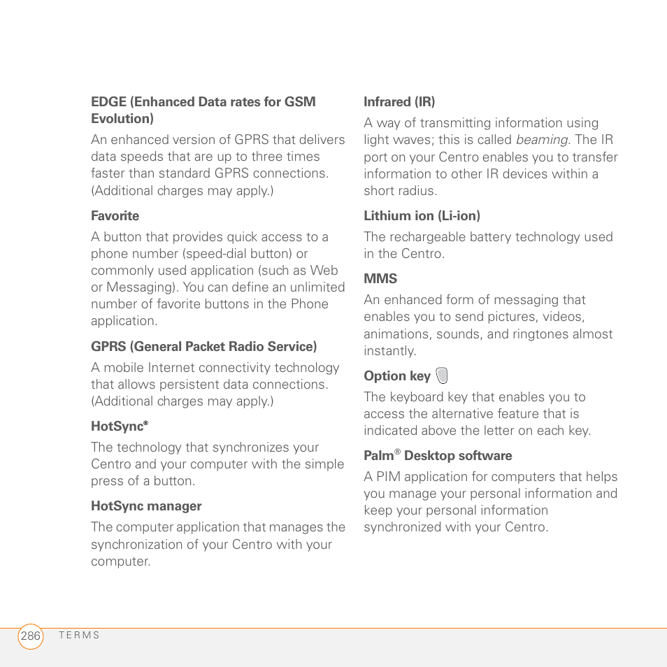 Palm PDA CentroTM Smart Device User Manual | Page 286 / 326