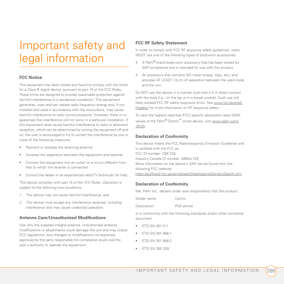 Important safety and legal information | Palm PDA CentroTM Smart Device User Manual | Page 289 / 326