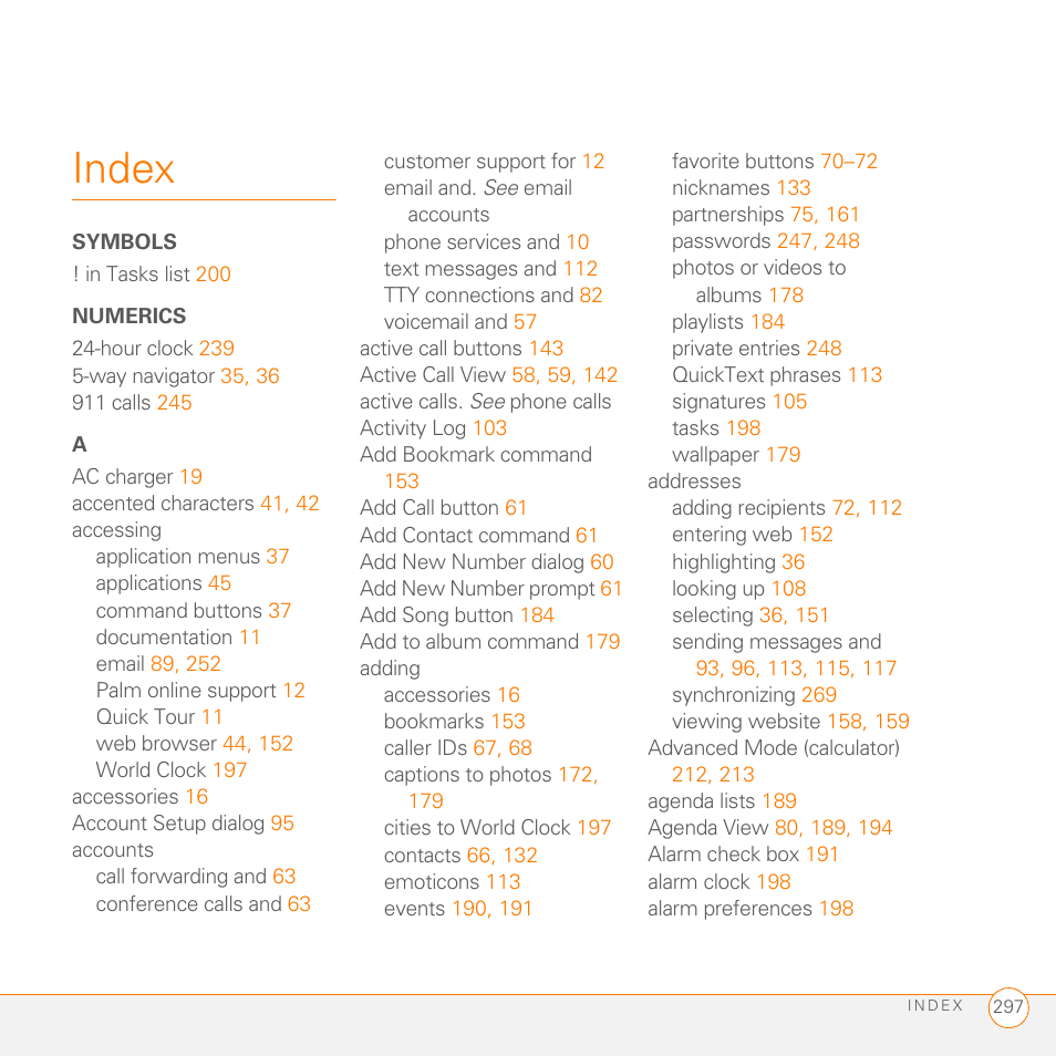 Index, Symbols, Numerics | Palm PDA CentroTM Smart Device User Manual | Page 297 / 326