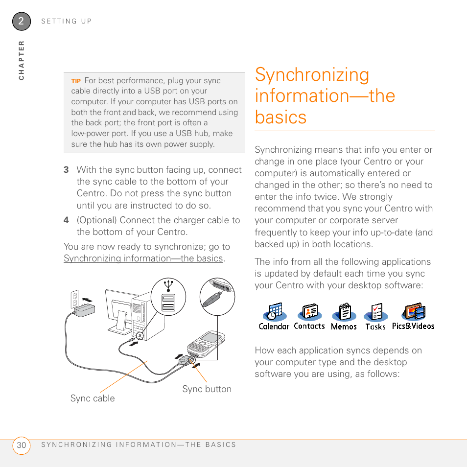 Synchronizing information-the basics, Synchronizing information—the basics | Palm PDA CentroTM Smart Device User Manual | Page 30 / 326