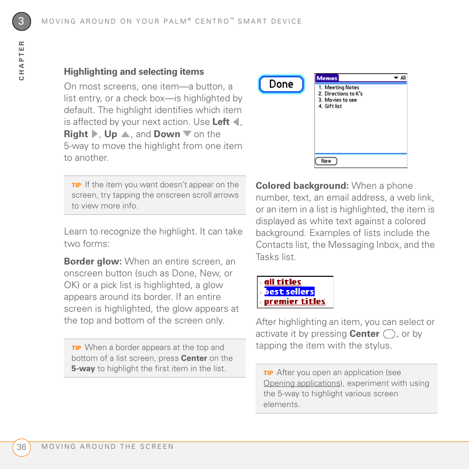 Highlighting and selecting items | Palm PDA CentroTM Smart Device User Manual | Page 36 / 326