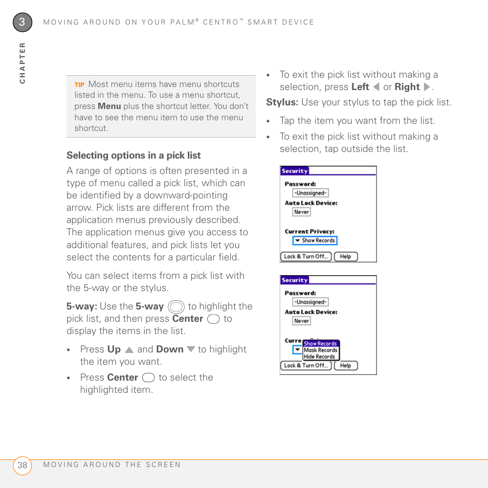 Selecting options in a pick list | Palm PDA CentroTM Smart Device User Manual | Page 38 / 326