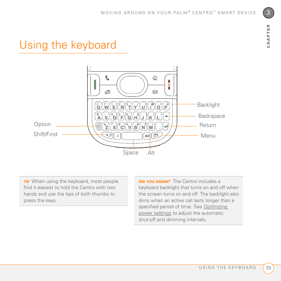 Using the keyboard | Palm PDA CentroTM Smart Device User Manual | Page 39 / 326