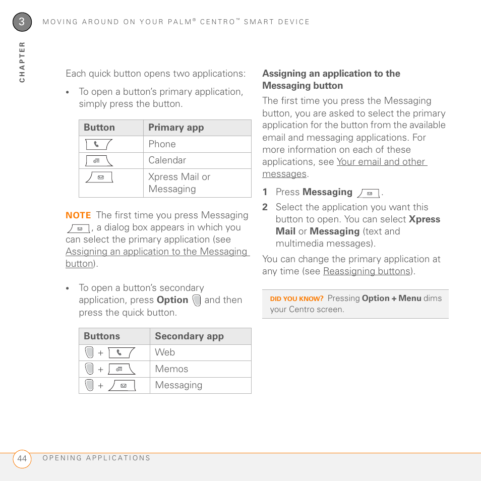 Assigning an application to the messaging button | Palm PDA CentroTM Smart Device User Manual | Page 44 / 326