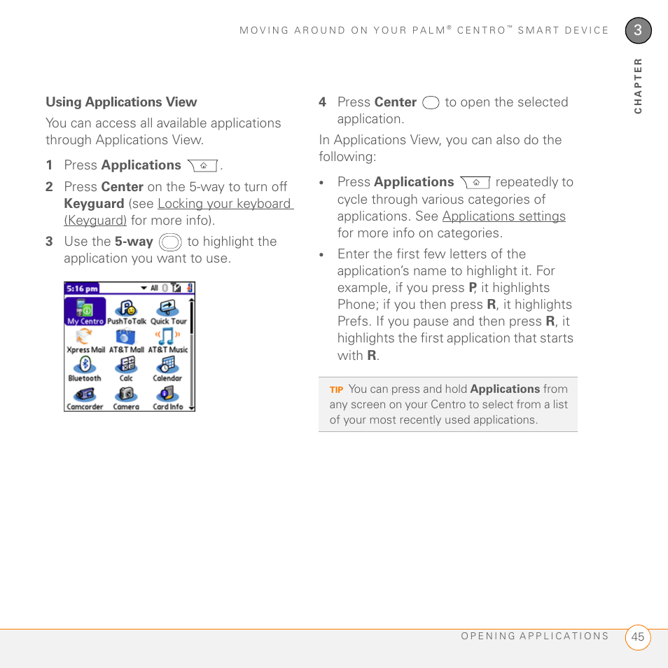 Using applications view | Palm PDA CentroTM Smart Device User Manual | Page 45 / 326