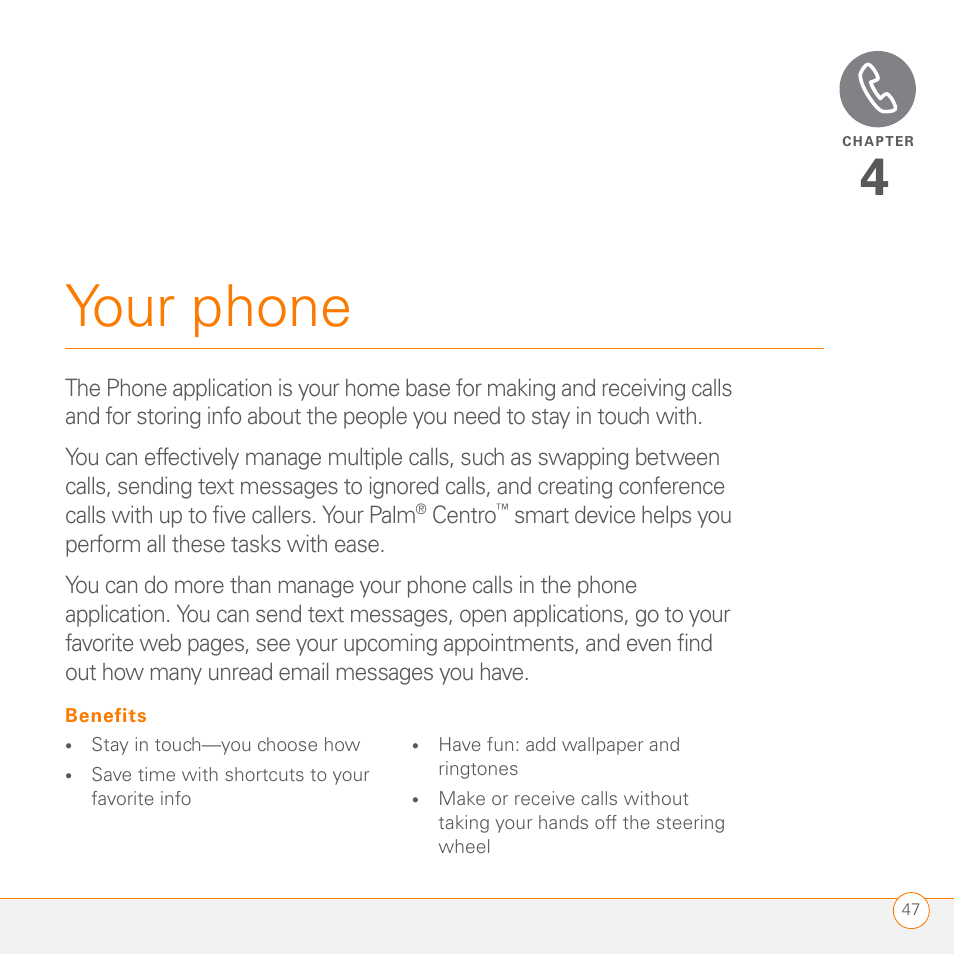 Your phone | Palm PDA CentroTM Smart Device User Manual | Page 47 / 326