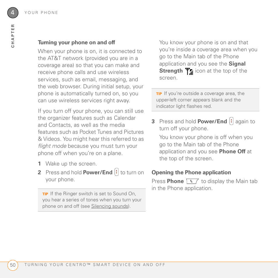 Turning your phone on and off, Opening the phone application | Palm PDA CentroTM Smart Device User Manual | Page 50 / 326