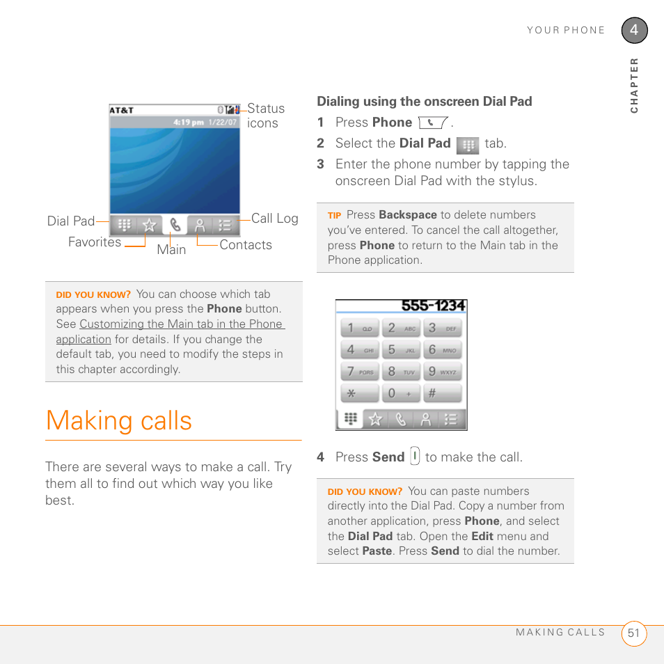 Making calls, Dialing using the onscreen dial pad | Palm PDA CentroTM Smart Device User Manual | Page 51 / 326