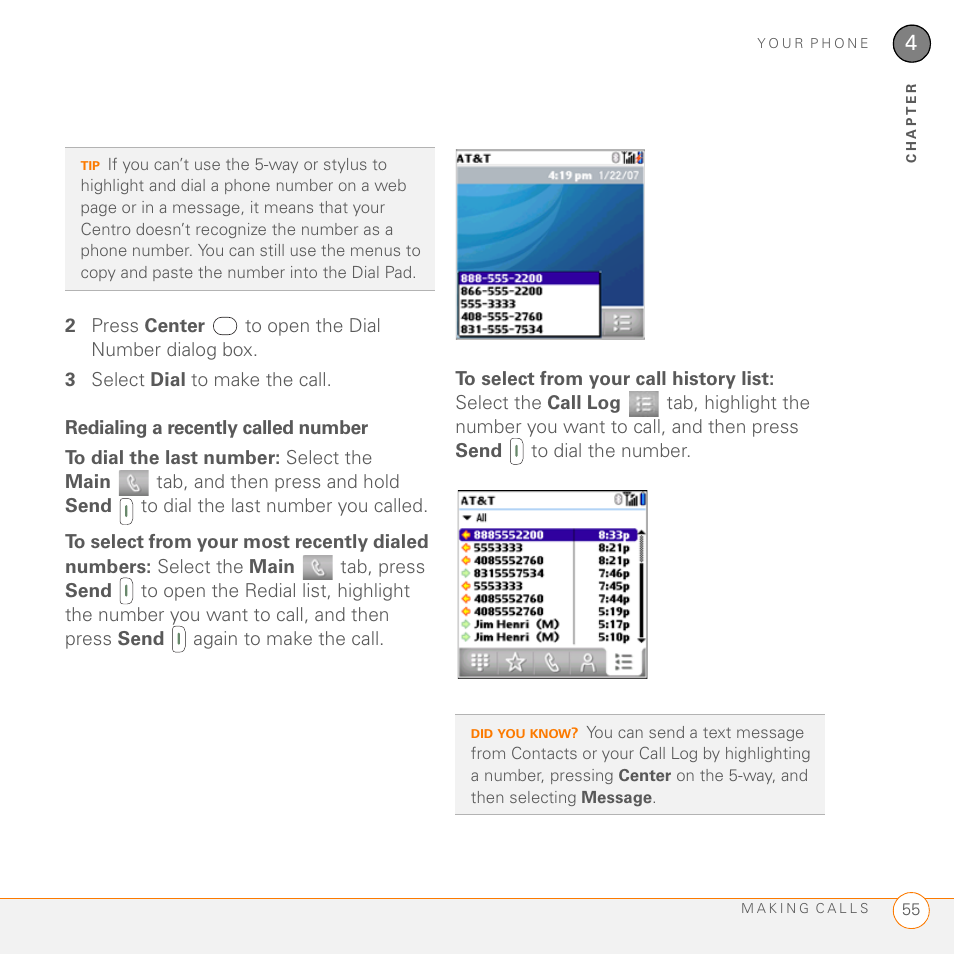 Redialing a recently called number | Palm PDA CentroTM Smart Device User Manual | Page 55 / 326