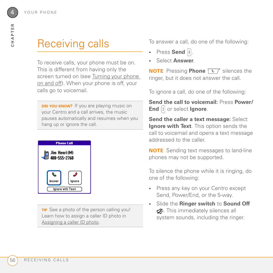 Receiving calls | Palm PDA CentroTM Smart Device User Manual | Page 56 / 326
