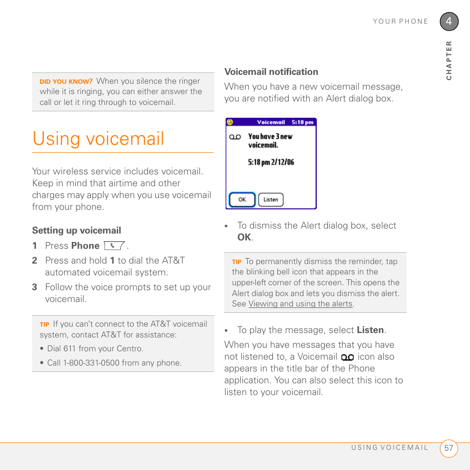 Using voicemail, Setting up voicemail, Voicemail notification | Palm PDA CentroTM Smart Device User Manual | Page 57 / 326