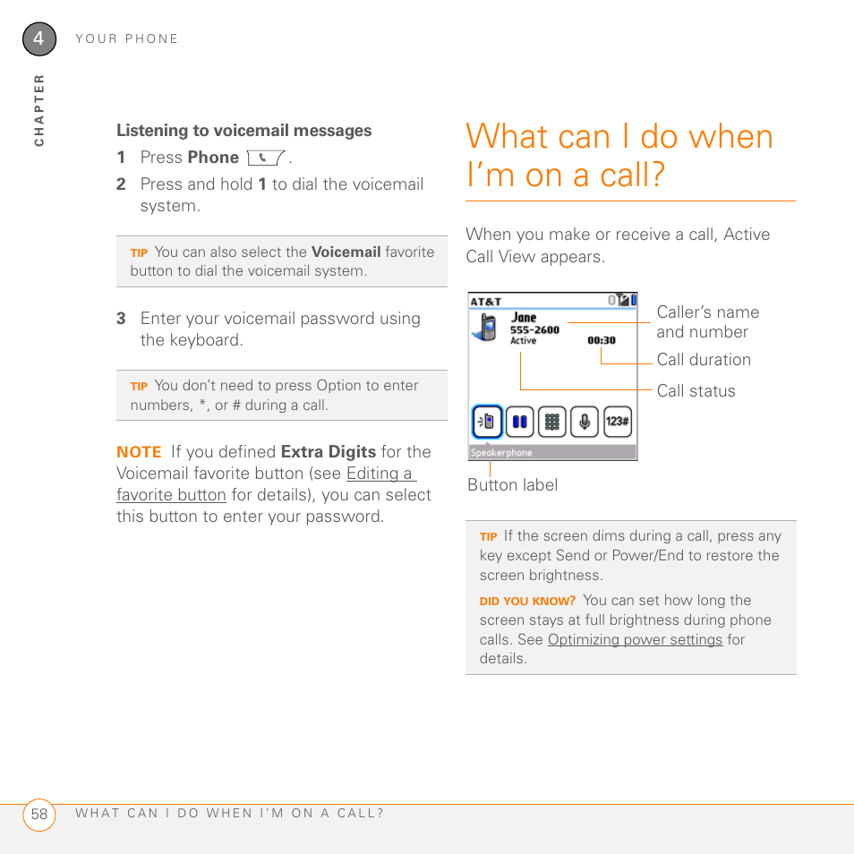 Listening to voicemail messages, What can i do when i’m on a call | Palm PDA CentroTM Smart Device User Manual | Page 58 / 326