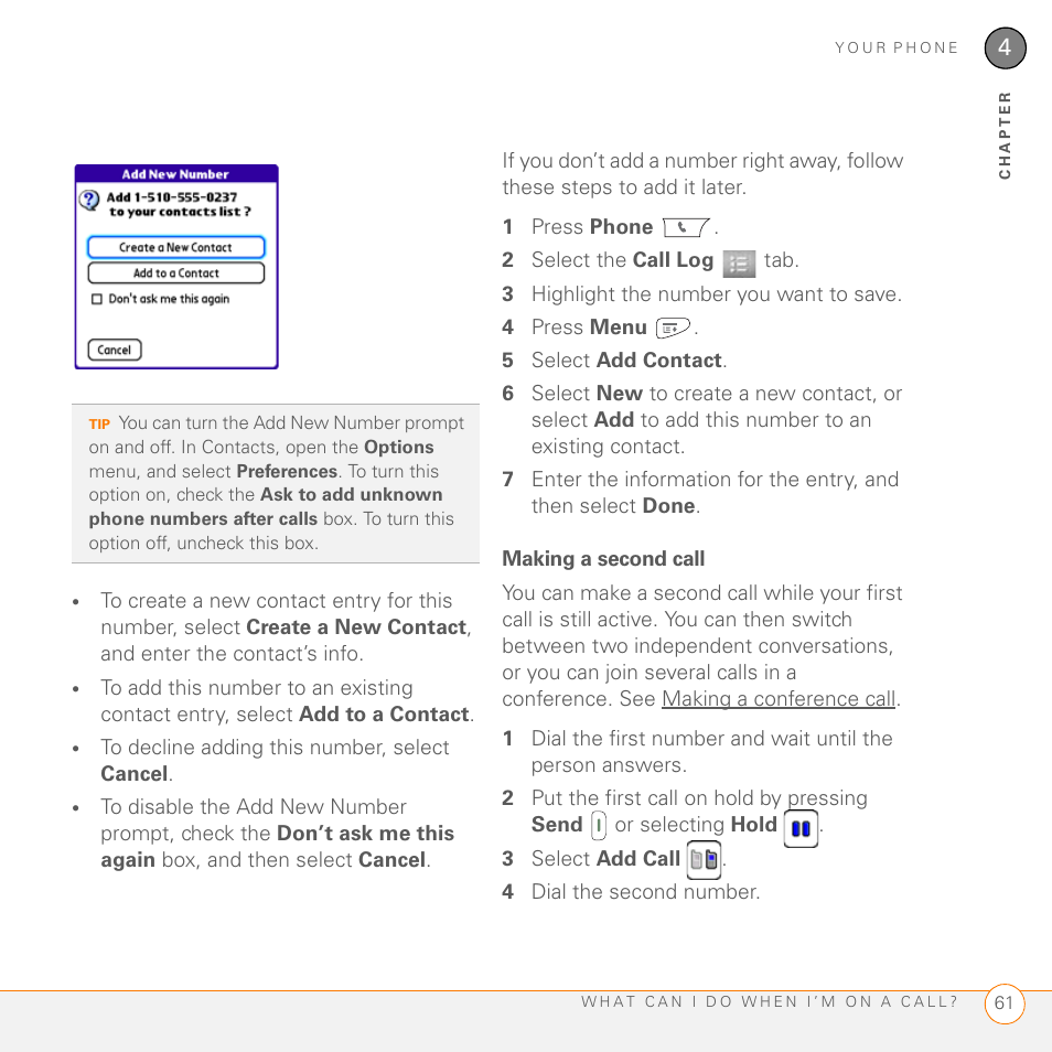 Making a second call | Palm PDA CentroTM Smart Device User Manual | Page 61 / 326