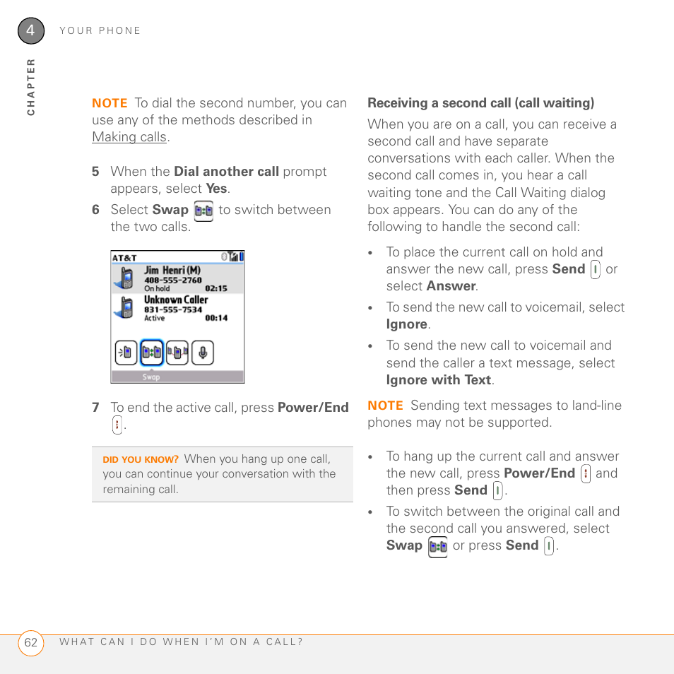 Receiving a second call (call waiting) | Palm PDA CentroTM Smart Device User Manual | Page 62 / 326