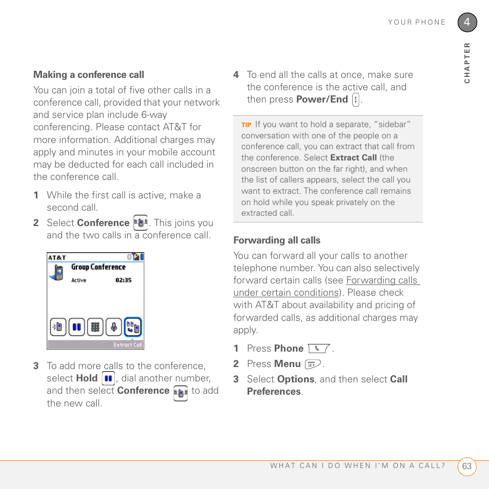 Making a conference call, Forwarding all calls | Palm PDA CentroTM Smart Device User Manual | Page 63 / 326