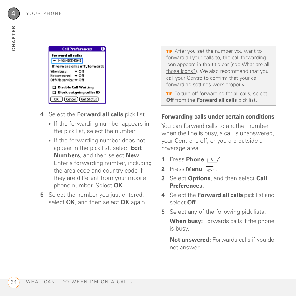 Forwarding calls under certain conditions | Palm PDA CentroTM Smart Device User Manual | Page 64 / 326