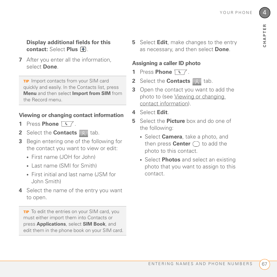 Viewing or changing contact information, Assigning a caller id photo | Palm PDA CentroTM Smart Device User Manual | Page 67 / 326