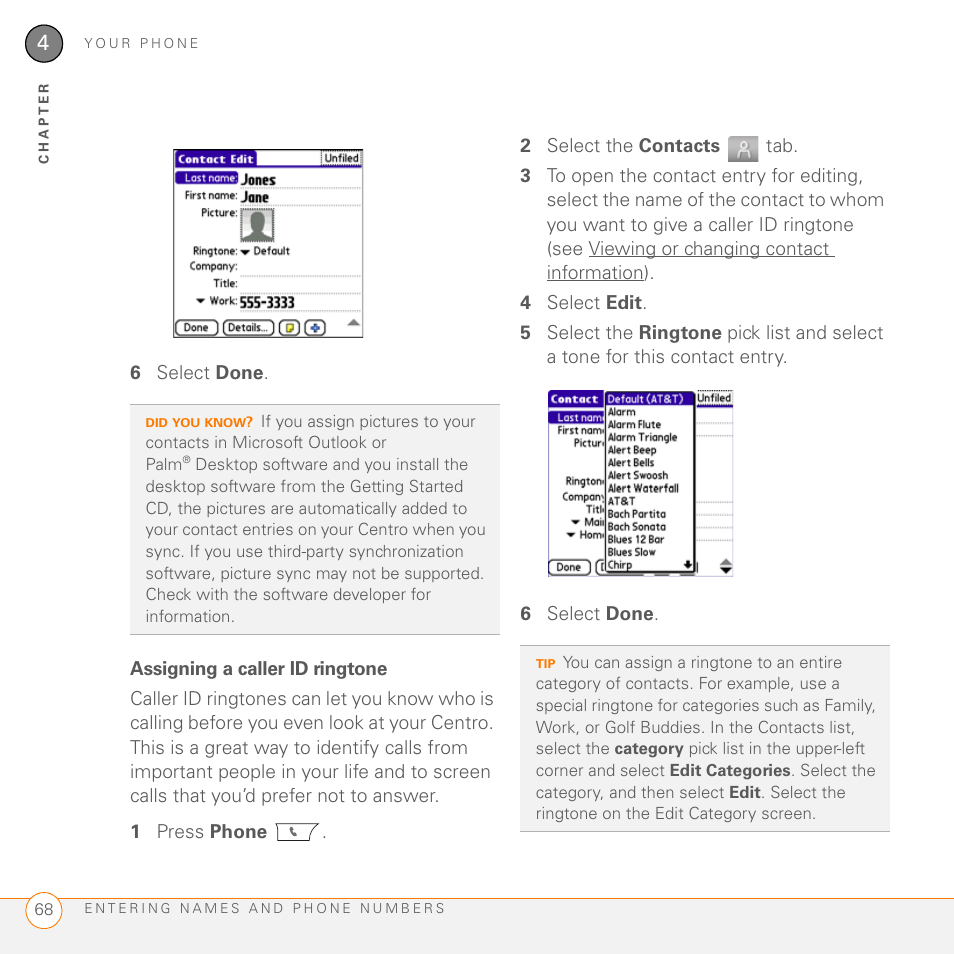 Assigning a caller id ringtone | Palm PDA CentroTM Smart Device User Manual | Page 68 / 326
